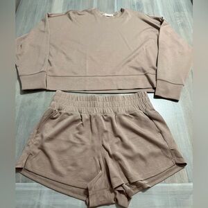 Zenana Outfitters Taupe Lounge Cropped Sweatshirt and Shorts Set